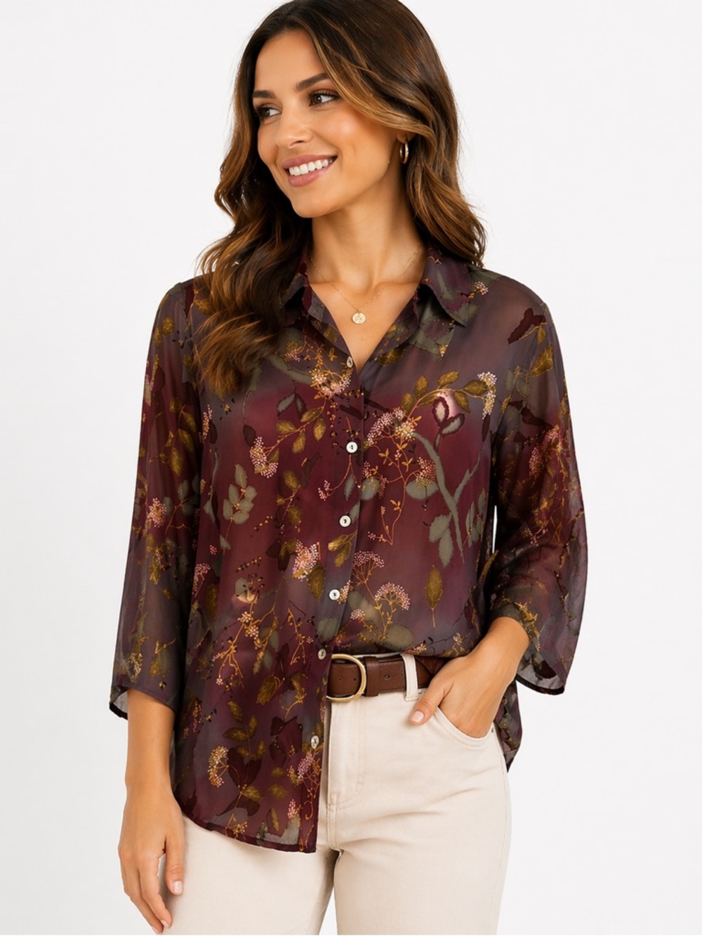 TESS 100% Silk Blouse L Burgundy Floral Sheer Button Front Top Boho